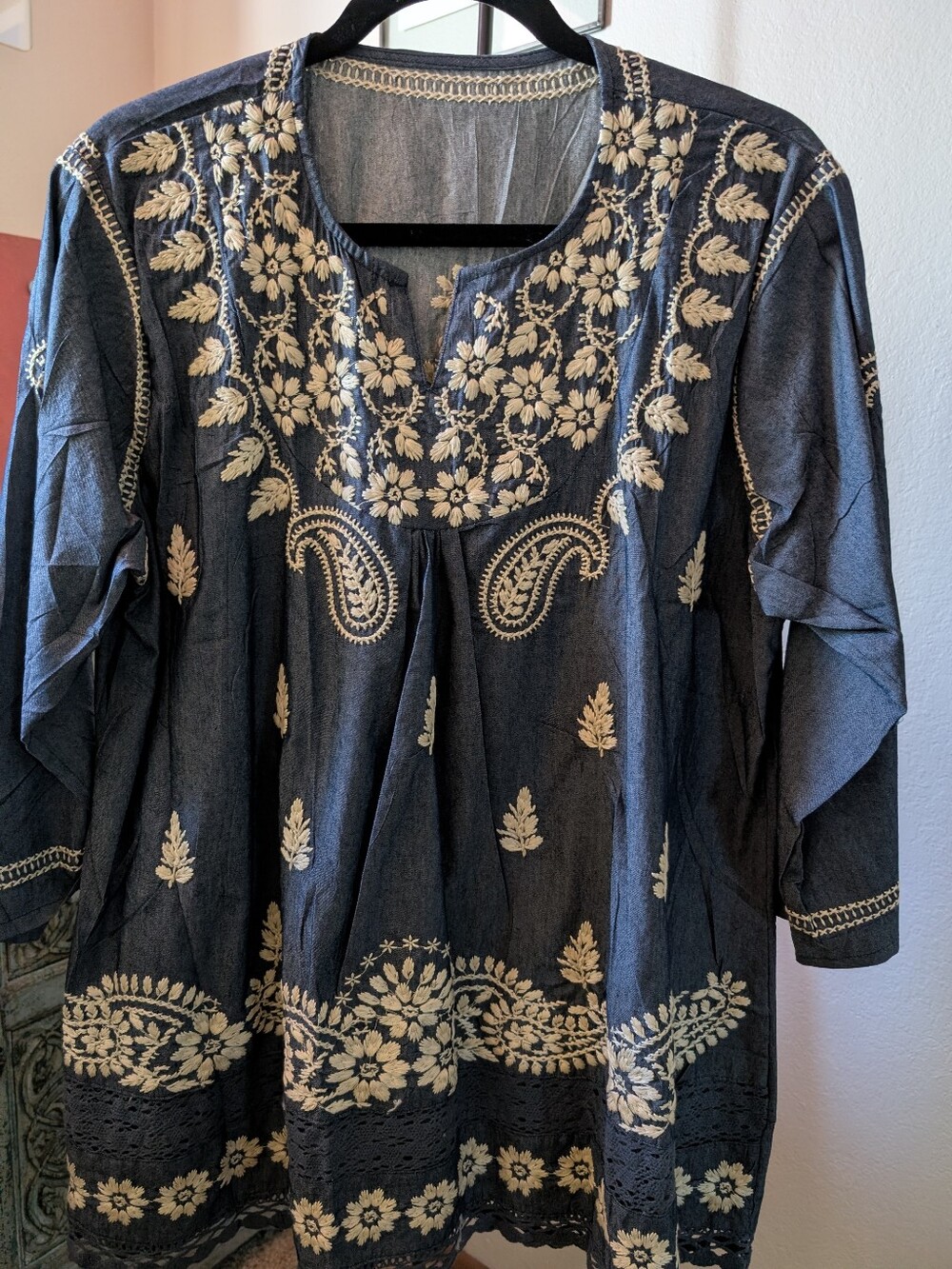 Embroidered Navy Tunic Top with Cream Floral Accents